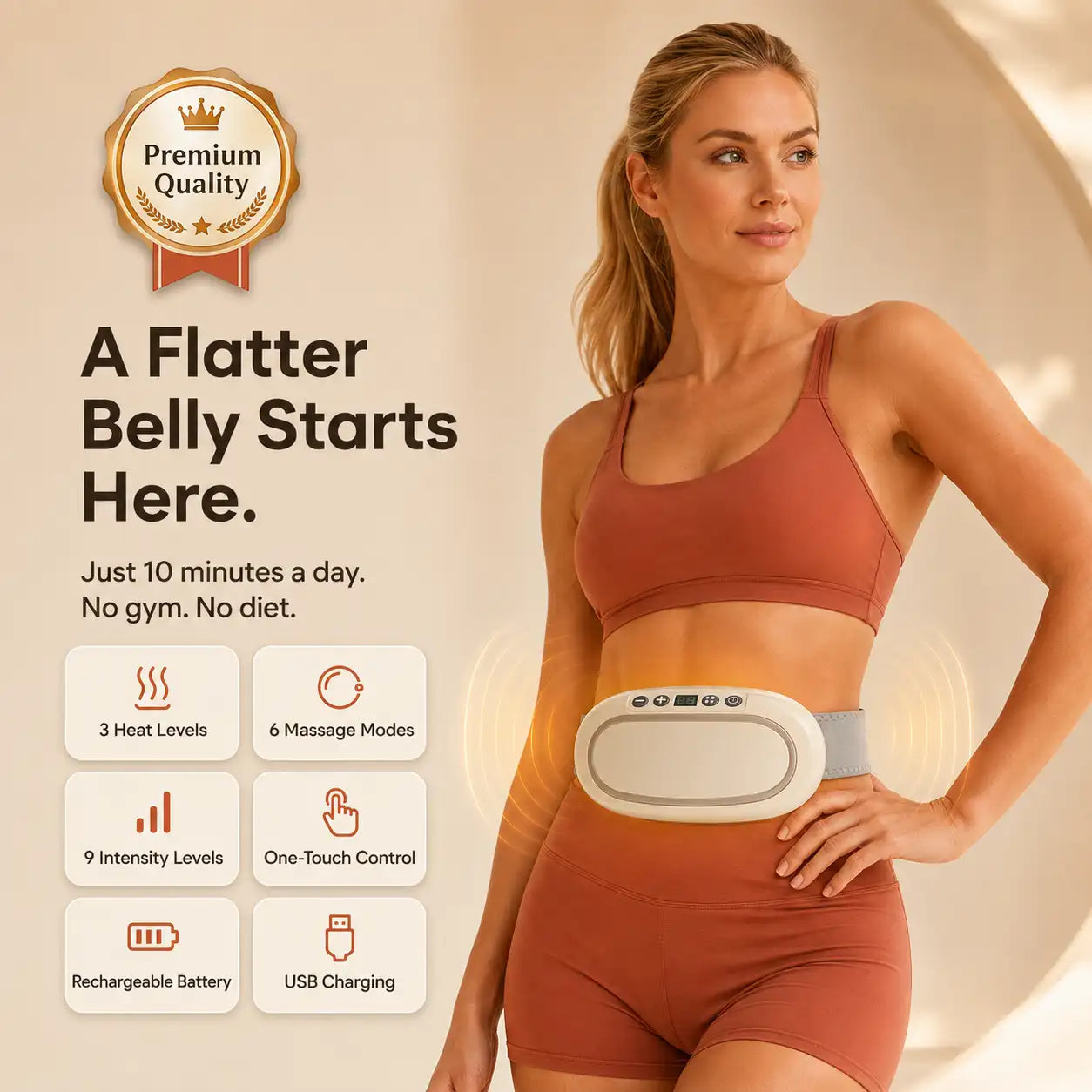 Heat & Massage Belly Device with Belt — 6 Modes, Deep Warmth, USB Rechargeable