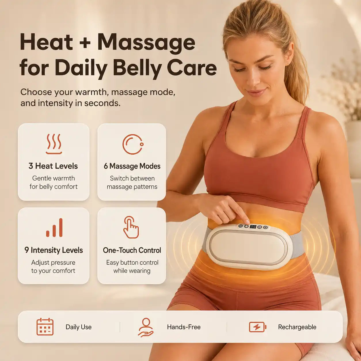 Heat & Massage Belly Device with Belt — 6 Modes, Deep Warmth, USB Rechargeable