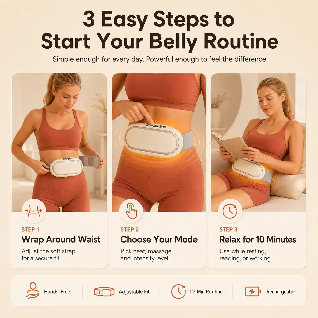 Heat & Massage Belly Device with Belt — 6 Modes, Deep Warmth, USB Rechargeable