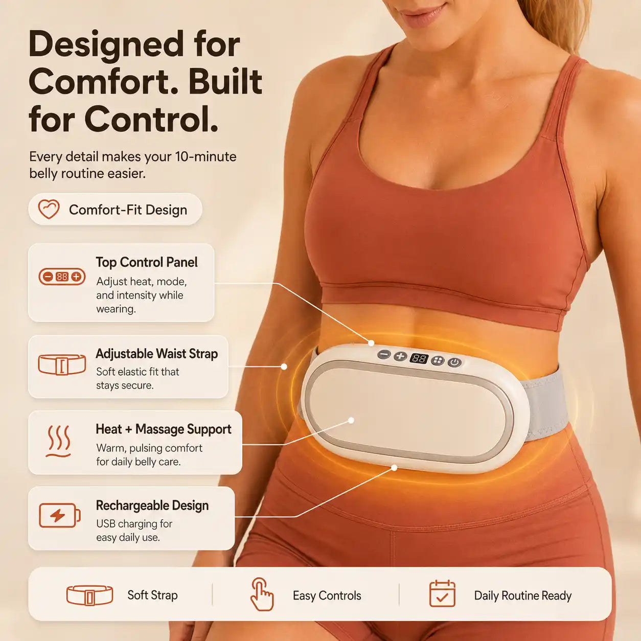 Heat & Massage Belly Device with Belt — 6 Modes, Deep Warmth, USB Rechargeable