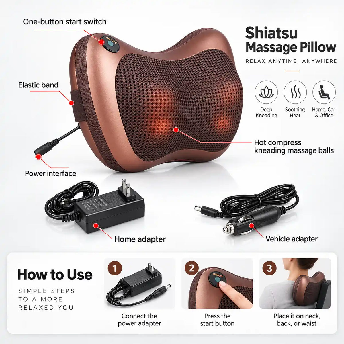Shiatsu Massage Pillow | Deep Kneading Neck & Back Massager