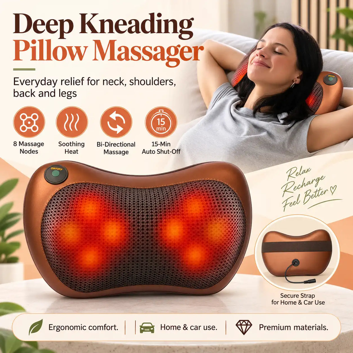 Shiatsu Massage Pillow | Deep Kneading Neck & Back Massager